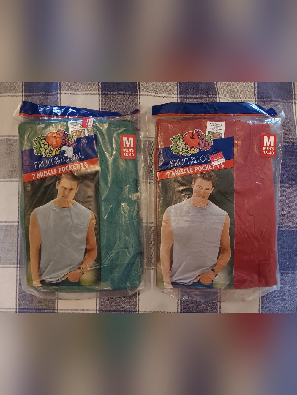 Vintage Fruit of the Loom Deadstock Muscle Pocket T Rare Teal / Red 2 Pack Lot